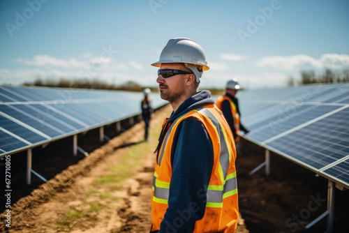 Technician walking through vast solar farm. Generative AI © Ilugram