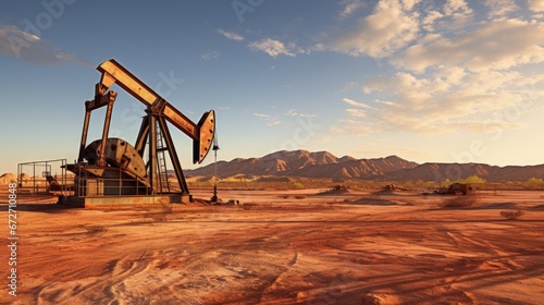 Vast desert landscape with active oil drilling operation under clear blue sky. Generative AI