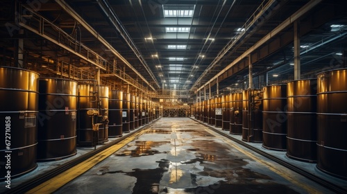 Warehouse filled with rows of barrels containing raw materials. Generative AI
