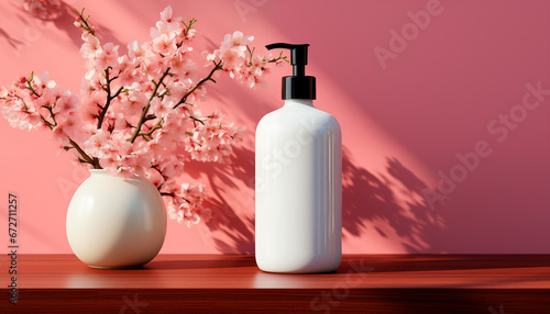 Pink bottle mockup i on an pink surface. bottle for shampoo, shower gel or lotion mockup to advertise © KEA