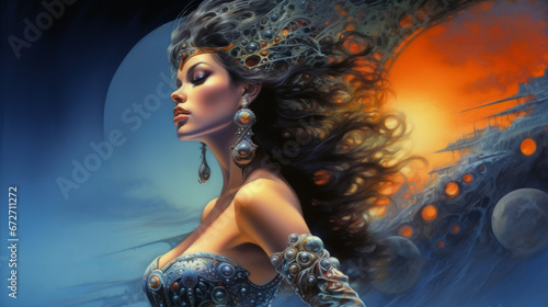 Fantasy warrior amazonian woman in tight dress surrounded by a blazing fireball, female warrior, colorful science fiction art