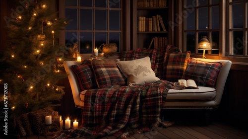 A cozy nook with plaid cushions, where one can relax and read a holiday book.