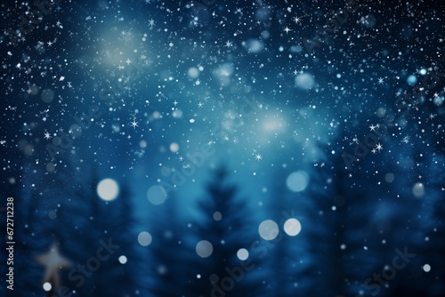 christmas background with snowflakes falling in a winter forest. Image for christmas greeting cards or marketing campaign.