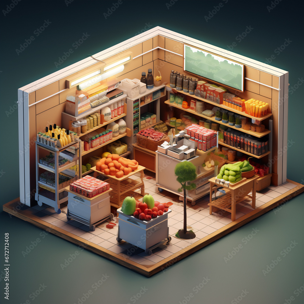 3d isometric shopping store and supermarket shop