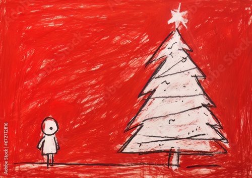 Single line white crayon doodle of small Christmas tree on red