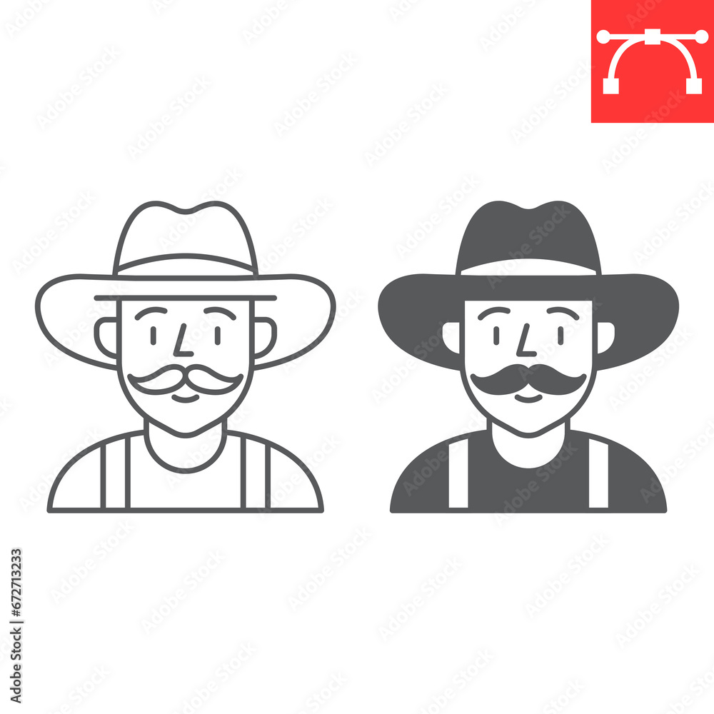 Farmer line and glyph icon, farm and agriculture, man in cowboy hat vector icon, vector graphics, editable stroke outline sign, eps 10.