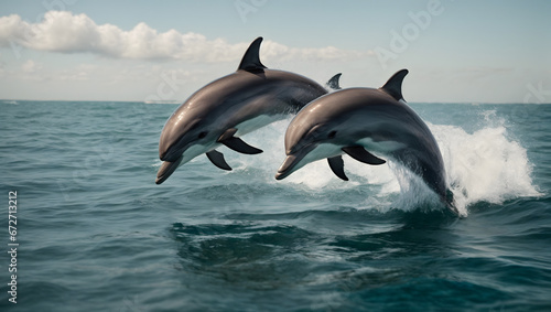 A pair of dolphins leaping out of the ocean's surface in a synchronized display.