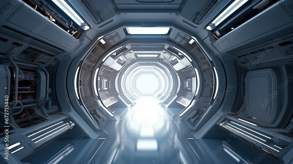 Futuristic interior of a space station with a view Earth Spaceship Corridor interior. generative ai