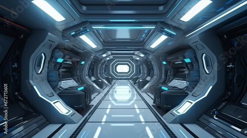 Futuristic Sci-Fi Hallway Interior with Computer and Monitor Screen on Wall. generative ai © Witri