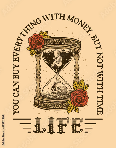 Illustration antique hourglass with rose flower