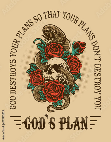 Illustration vintage skull rose flower with snake