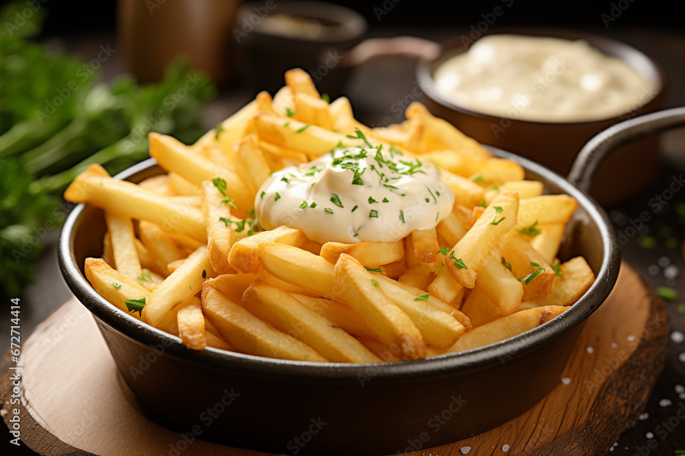 french fries with mayonnaise on a wooden board outside at sunny day. Tasty and delicious food photography for restaurants and shops. french fries with mayonnaise on a wooden board outside at sunny day. Tasty and delicious food photography for restaurants and shops.