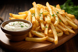 french fries with mayonnaise on a wooden board outside at sunny day. Tasty and delicious food photography for restaurants and shops.