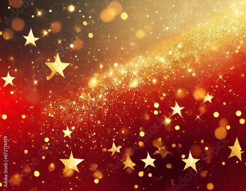 Fondo de Navidad de estrellas doradas, con polvo de oro, bokeh y fondo de color rojo