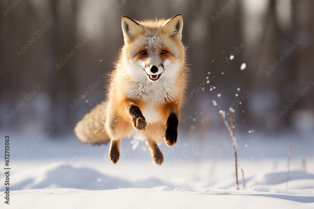 red fox hunting mice and jumping on snow in winter red fox hunting mice and jumping on snow in winter