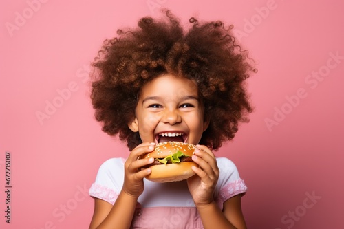 diverse girl with curly hair eating a vegan burger or burger on pink background. Restaurant  food delivery website horizontal banner.
