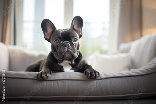 black French bulldog puppy dog lying on the couch in scandinavian home interior