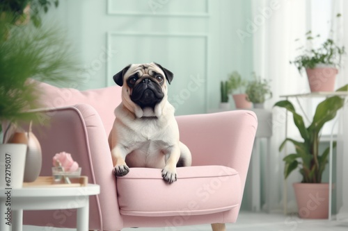 Pug dog or puppy sitting in armchair in fancy modern home interior with pink decor details and mint green wall with houseplants