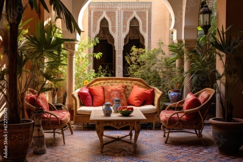 moroccan riad or riyad hotel patio interior design with lounge zone with couch and sofa with red pillows decor