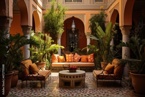 moroccan riad or riyad hotel patio interior design with lounge zone with couch and sofa with pillows