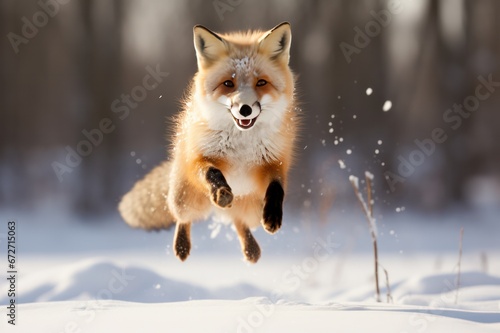 red fox hunting mice and jumping on snow in winter