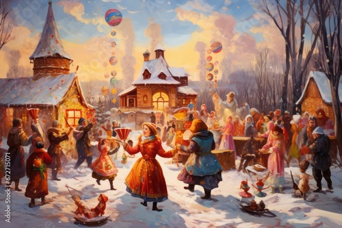 Maslenitsa traditional celebration greeting card. Winter Slavic culture holiday illustration photo