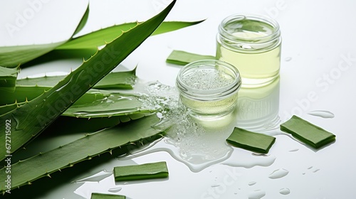 aloe vera serum in glass jars mockup with fresh plant green leaves 