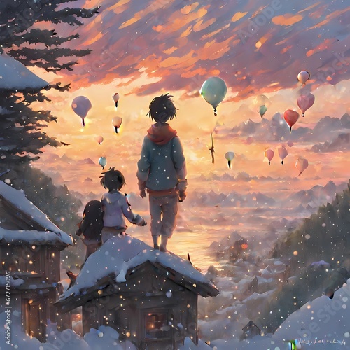 White snow on winter with child
