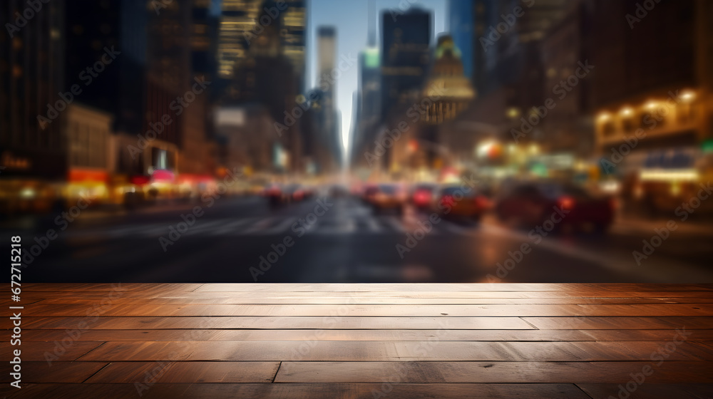 The empty wooden table top with blur background of  street.at night