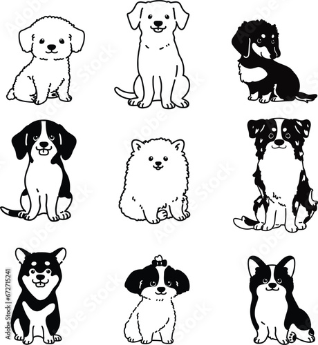 Set of cute and simple dogs sitting in front view with only outlines