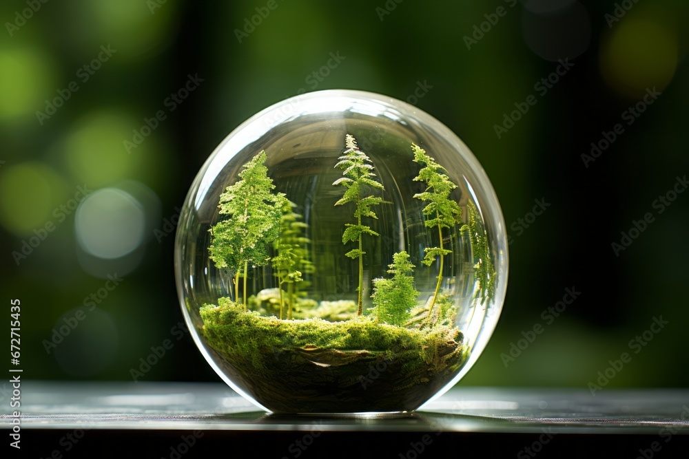 Green Earth Day. Serene Forest Scene with Mossy Green Globe and Abstract Sunlight