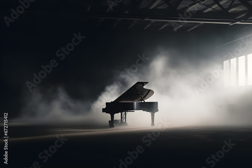 piano and smoke on stage. Neural network AI generated art photo