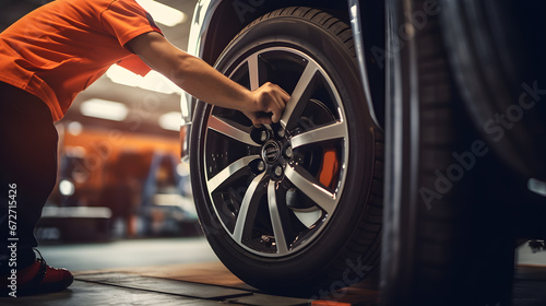 Mechanic repairing tire: Vulcanization, Tire Sales Worker Finishing Change of Car Wheels.