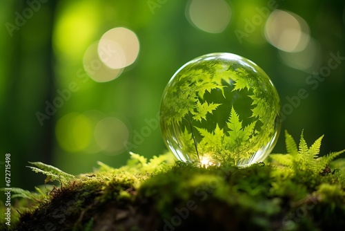 Earth Day. Green Globe in Mossy Forest with Defocused Abstract Sunlight - Eco-conscious Concept