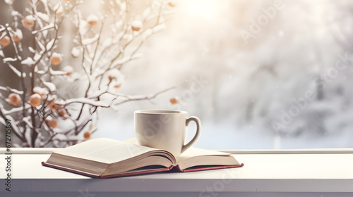 Winter still life with hot coffee and book on vintage windowsill view of snowy landscape With copyspace for text