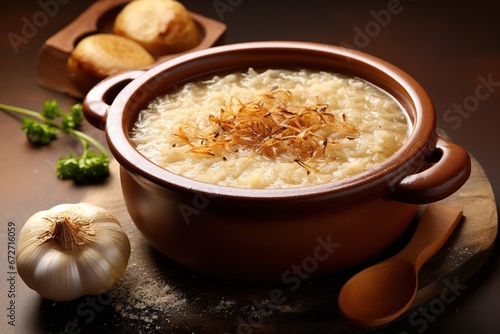 French onion soup porridge with shallot shavings served in a bright beige bowl. A comforting and delicious meal.