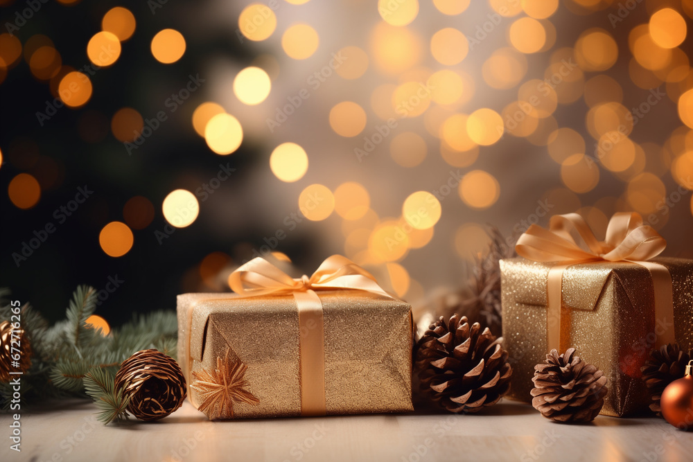 christmas and new year background gift boxes and pine cones created by generative AI christmas and new year background gift boxes and pine cones created by generative AI