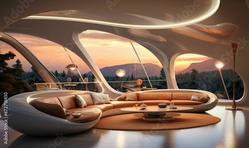 Luxurious futuristic home with vibrant, night-lit cityscape with captivating architecture.