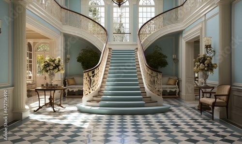 Luxurious mansion lobby with elegant interior design exuding wealth and opulence.