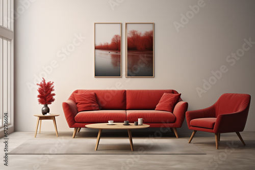 Dark red sofa and recliner chair in scandinavian apartment created by generative AI