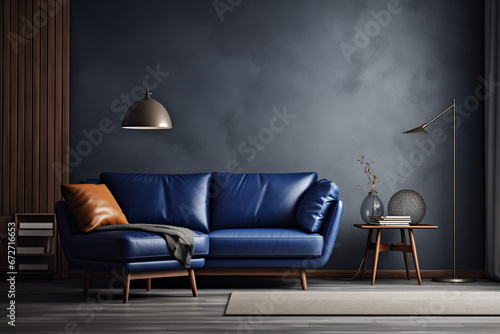Dark blue sofa and recliner chair in scandinavian apartment created by generative AI