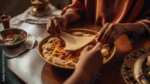 A couple's hands sharing a plate Ethiopian Injera and Wat Meal at a table. Close-up. 