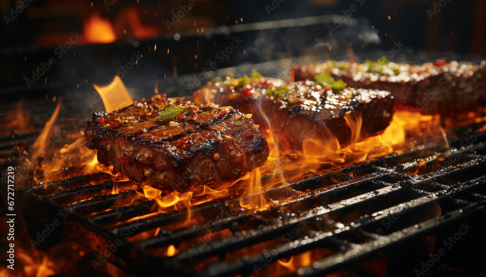 Grilled steak, smoky and delicious, ready for a picnic feast generated by AI Grilled steak, smoky and delicious, ready for a picnic feast generated by AI