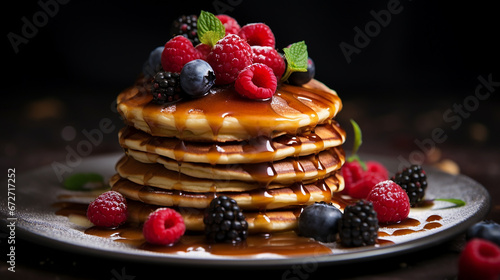 homemade pancake with fresh berries and caramel on white plate. beautiful food platting concept