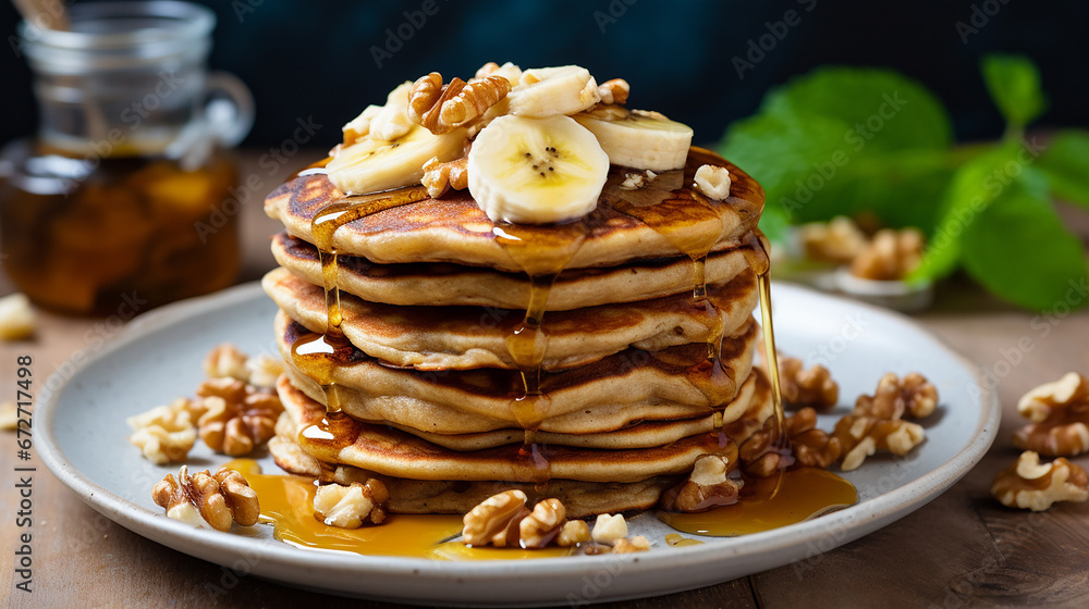 delicious oat pancake with banana walnuts and honey