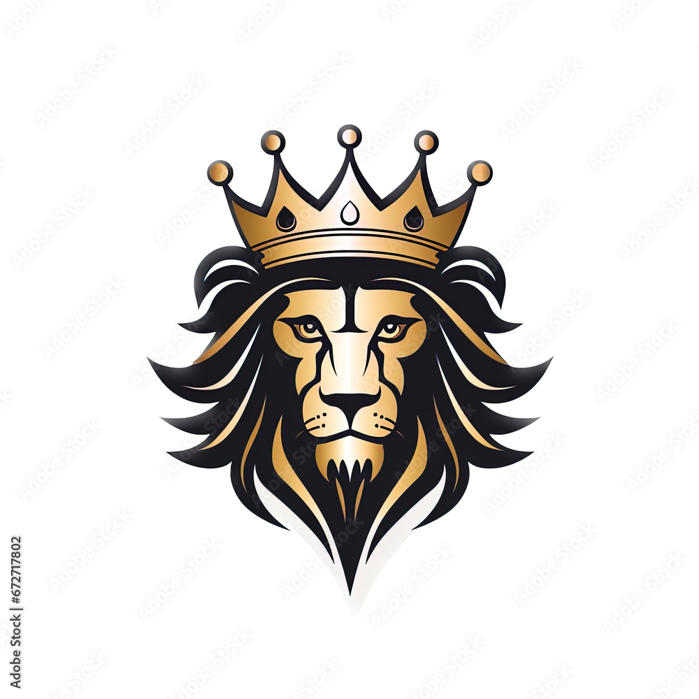Fototapeta premium Lion head wearing a crown illustration logo isolated on a white background.