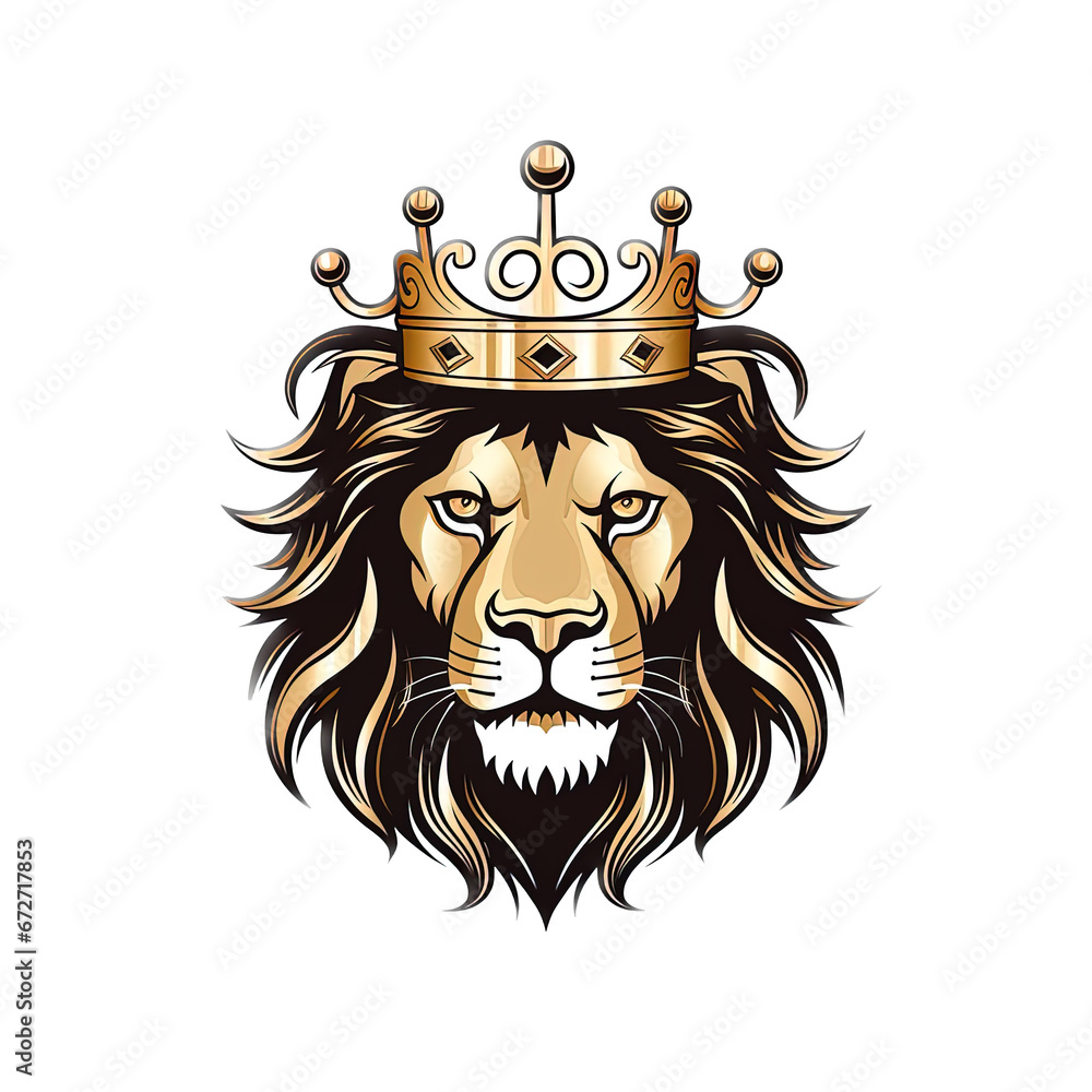 Lion head wearing a crown illustration logo isolated on a white background.