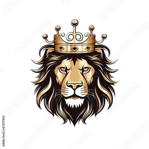 Lion head wearing a crown illustration logo isolated on a white background.