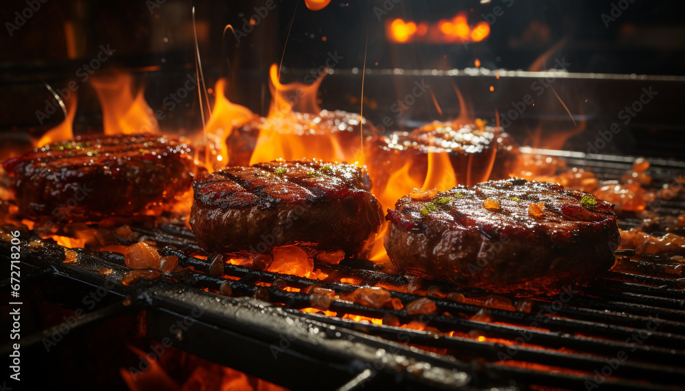 Grilled steak sizzles on hot coals, a mouthwatering meal generated by AI