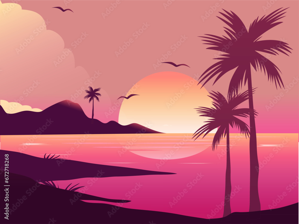 beautiful palm tree sunset on the beach